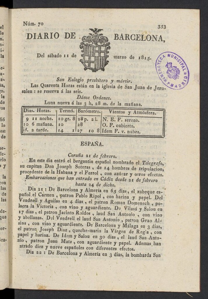 Miniatura de Diario de Barcelona del 11 de marzo de 1815, nº 70