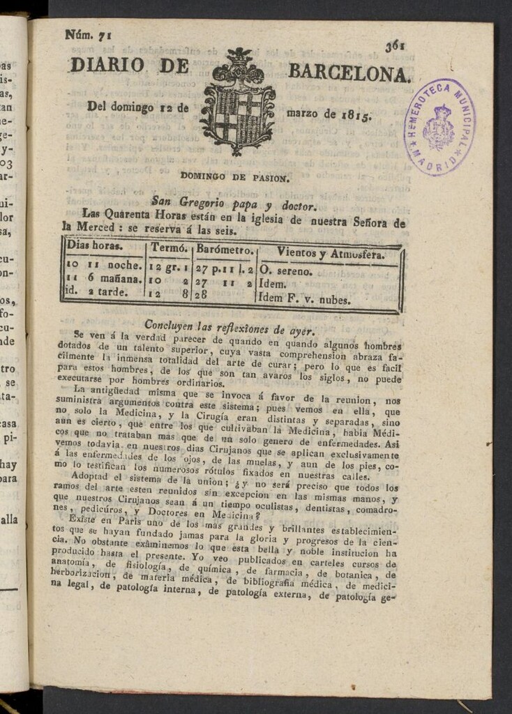 Miniatura de Diario de Barcelona del 12 de marzo de 1815, nº 71