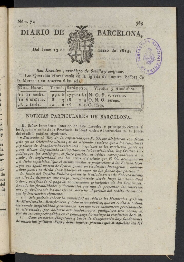Miniatura de Diario de Barcelona del 13 de marzo de 1815, nº 72