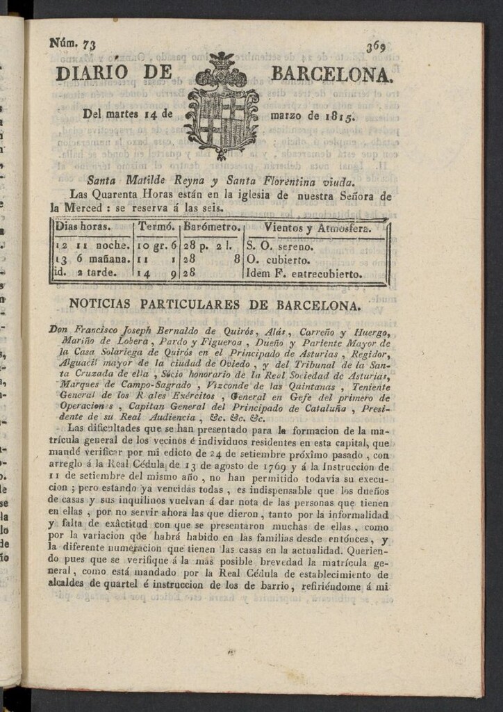 Miniatura de Diario de Barcelona del 14 de marzo de 1815, nº 73