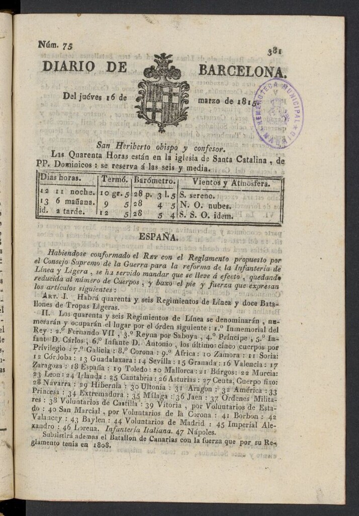 Miniatura de Diario de Barcelona del 16 de marzo de 1815, nº 75