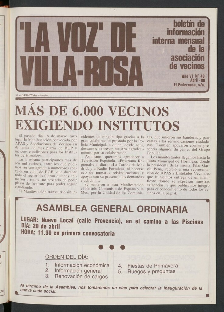 Miniatura de La Voz de Villa-Rosa: boletín informativo mensual de la asociación de vecinos, nº 46 de abril de 1986