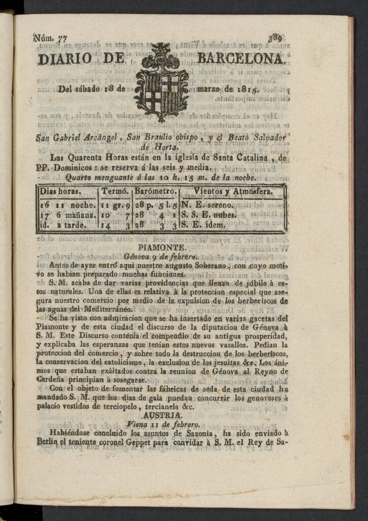 Miniatura de Diario de Barcelona del 18 de marzo de 1815, nº 77