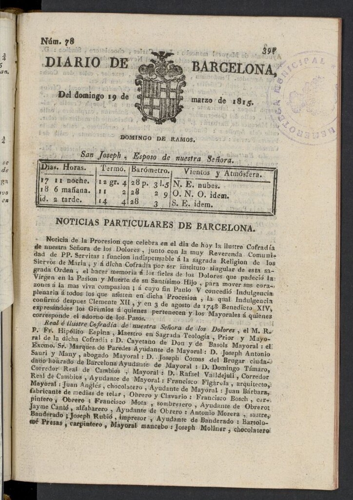 Miniatura de Diario de Barcelona del 19 de marzo de 1815, nº 78