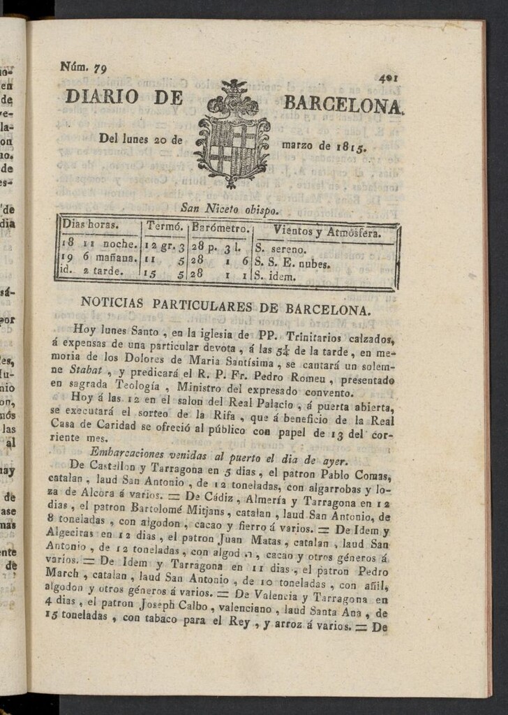 Miniatura de Diario de Barcelona del 20 de marzo de 1815, nº 79
