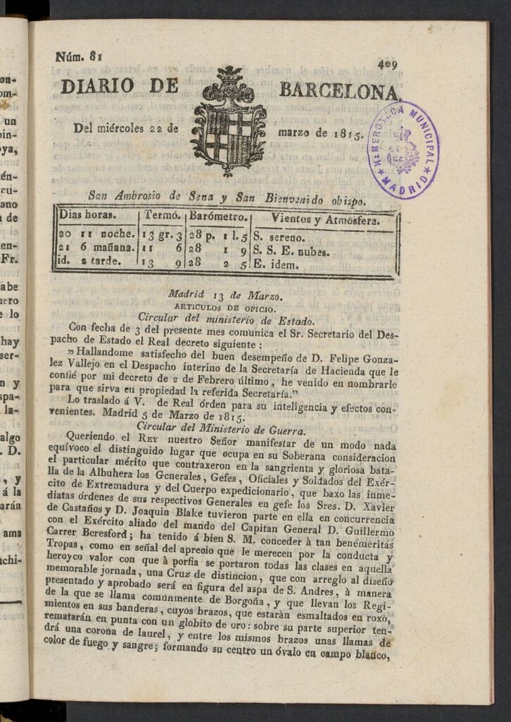 Miniatura de Diario de Barcelona del 22 de marzo de 1815, nº 81