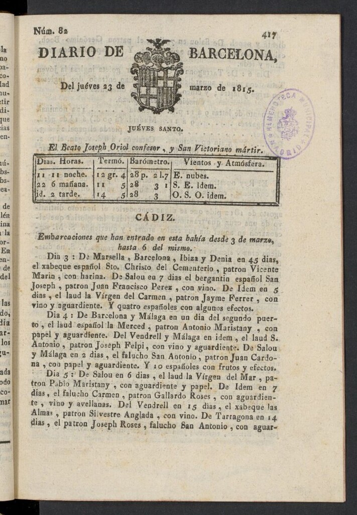 Miniatura de Diario de Barcelona del 23 de marzo de 1815, nº 82