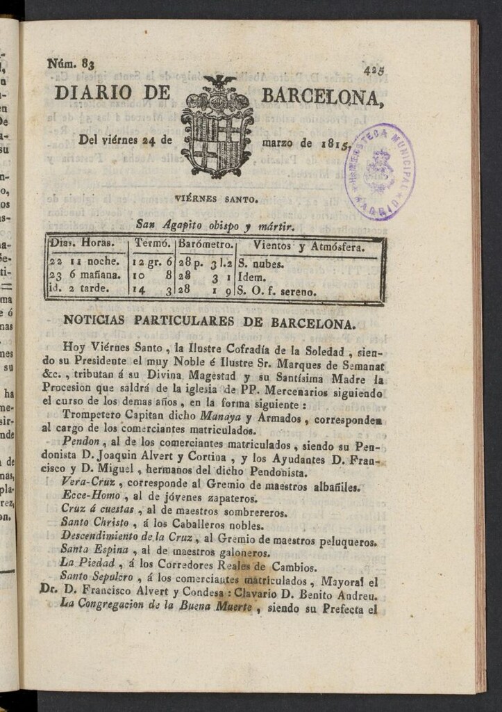 Miniatura de Diario de Barcelona del 24 de marzo de 1815, nº 83