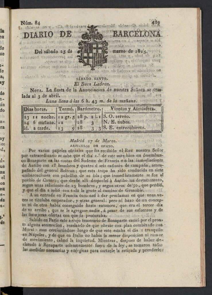 Miniatura de Diario de Barcelona del 25 de marzo de 1815, nº 84