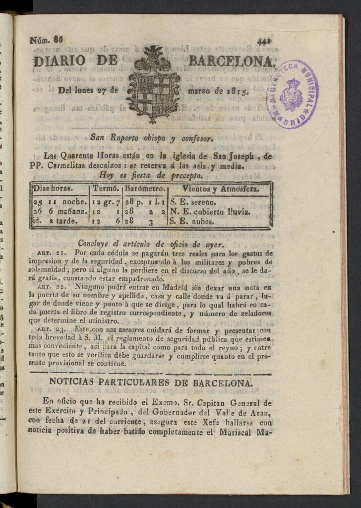 Miniatura de Diario de Barcelona del 27 de marzo de 1815, nº 86