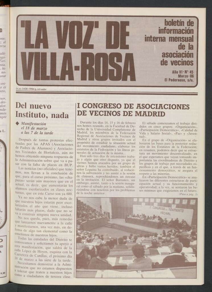 Miniatura de La Voz de Villa-Rosa: boletín informativo mensual de la asociación de vecinos, nº 45 de marzo de 1986