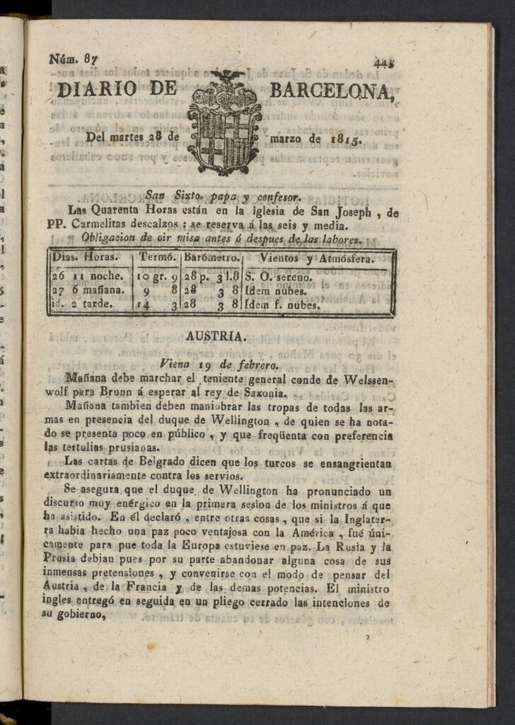 Miniatura de Diario de Barcelona del 28 de marzo de 1815, nº 87