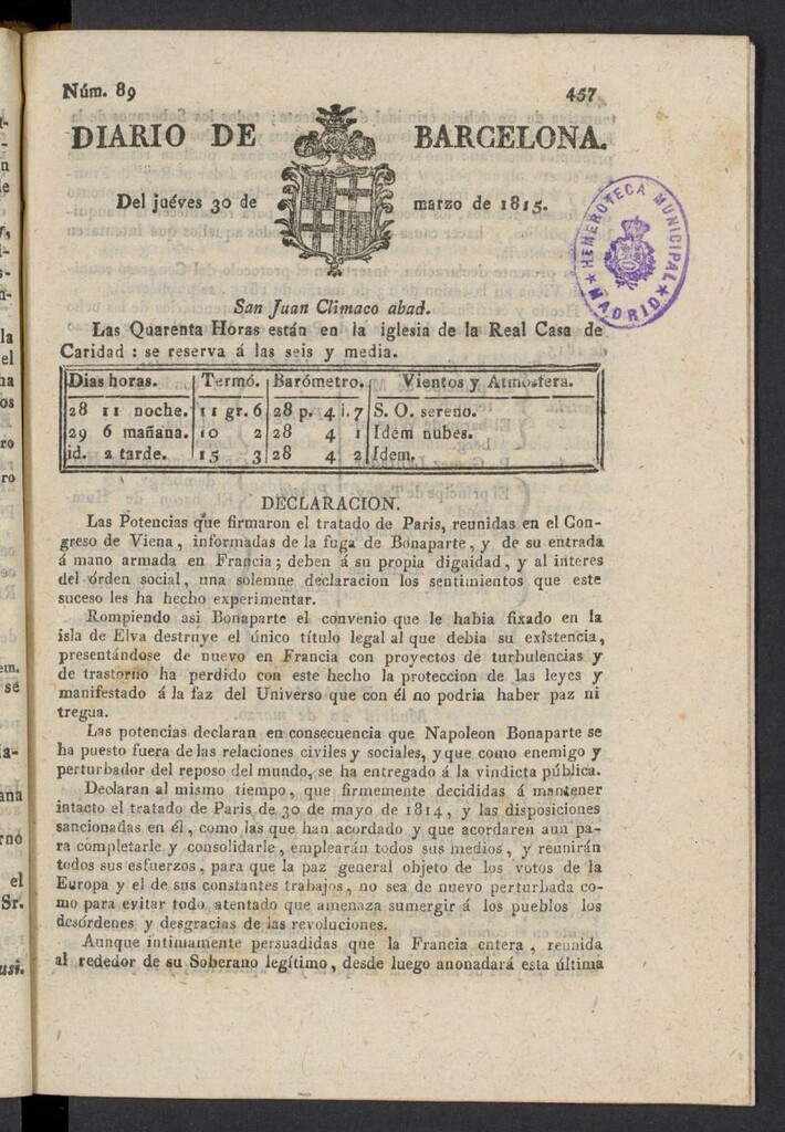 Miniatura de Diario de Barcelona del 30 de marzo de 1815, nº 89