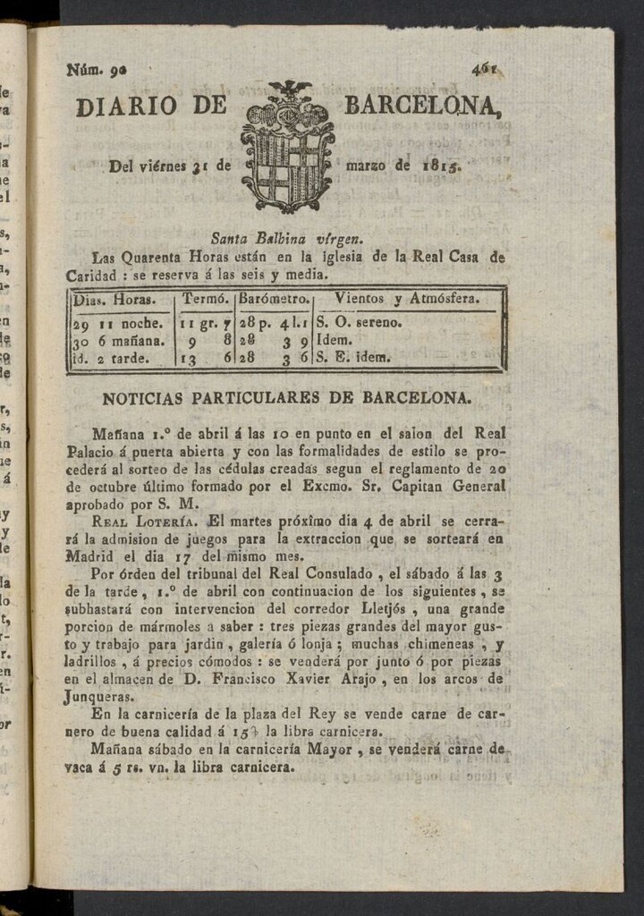 Miniatura de Diario de Barcelona del 31 de marzo de 1815, nº 90