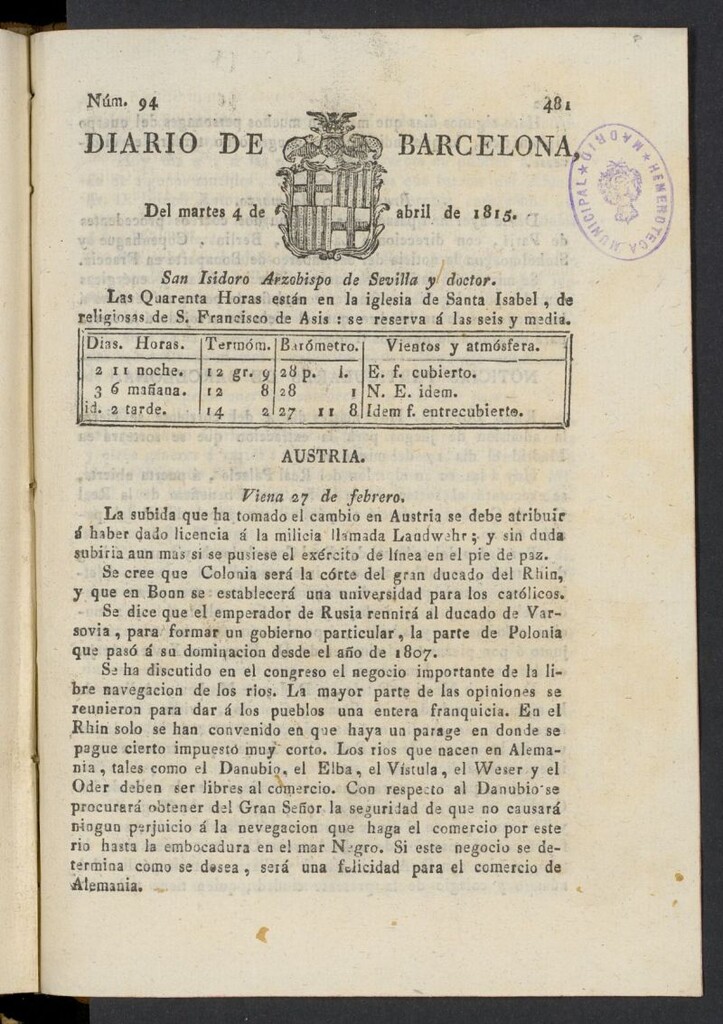 Miniatura de Diario de Barcelona del 4 de abril de 1815, nº 94