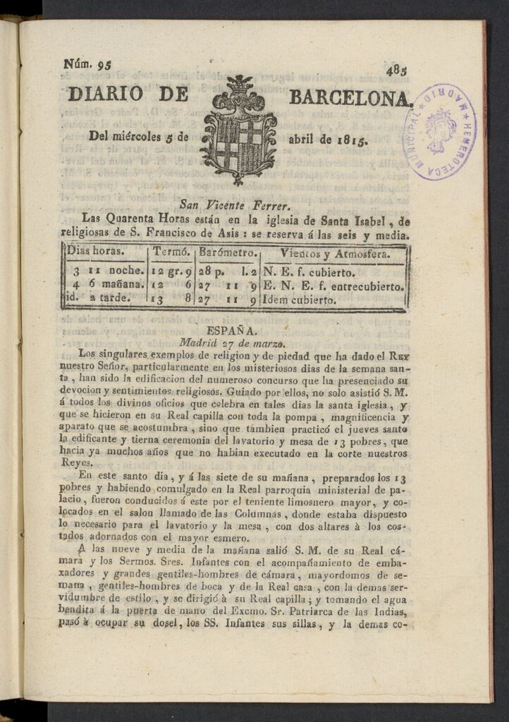 Miniatura de Diario de Barcelona del 5 de abril de 1815, nº 95