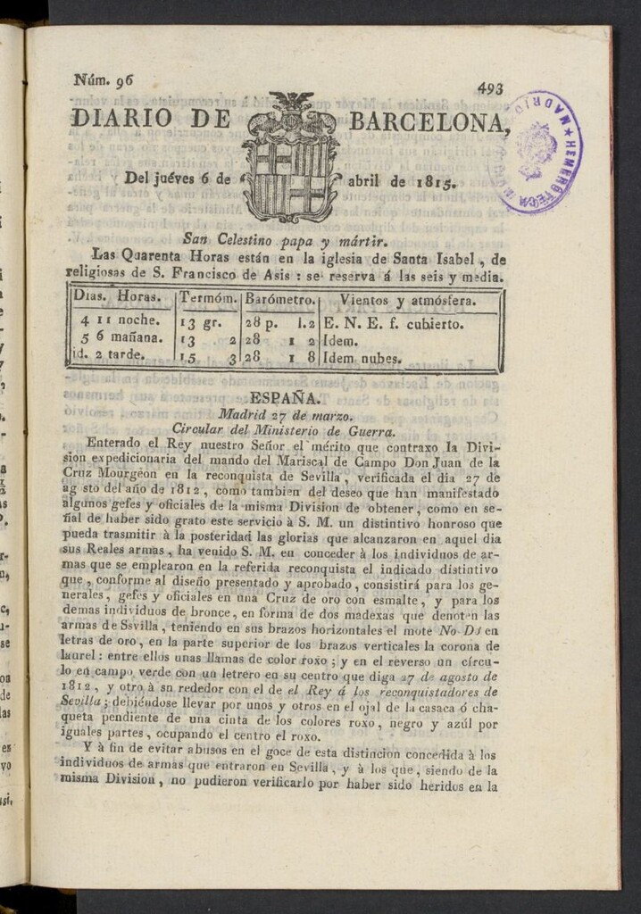 Miniatura de Diario de Barcelona del 6 de abril de 1815, nº 96