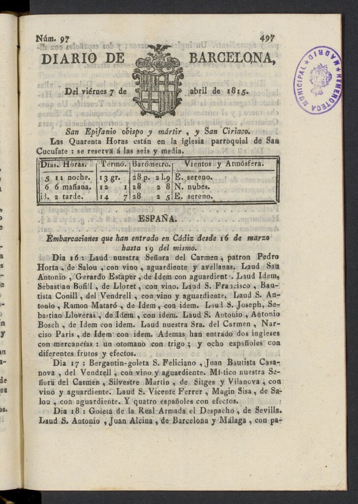Miniatura de Diario de Barcelona del 7 de abril de 1815, nº 97
