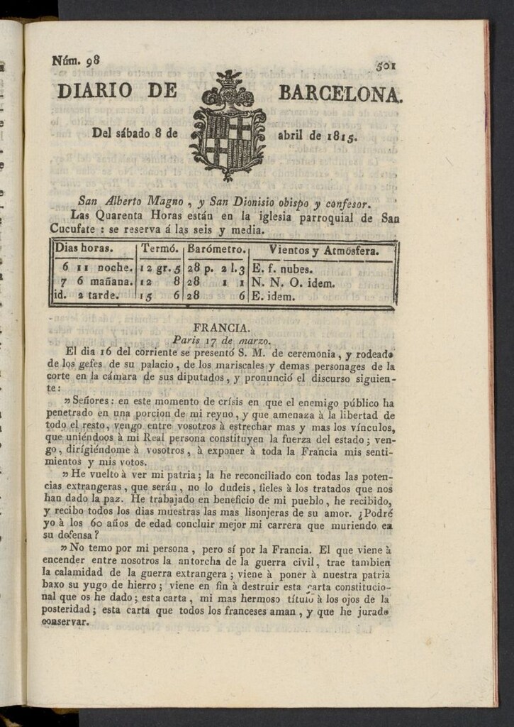 Miniatura de Diario de Barcelona del 8 de abril de 1815, nº 98