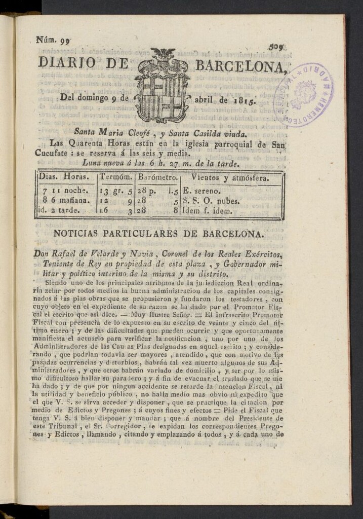 Miniatura de Diario de Barcelona del 9 de abril de 1815, nº 99