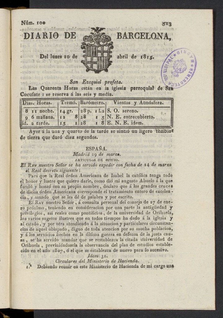 Miniatura de Diario de Barcelona del 10 de abril de 1815, nº 100