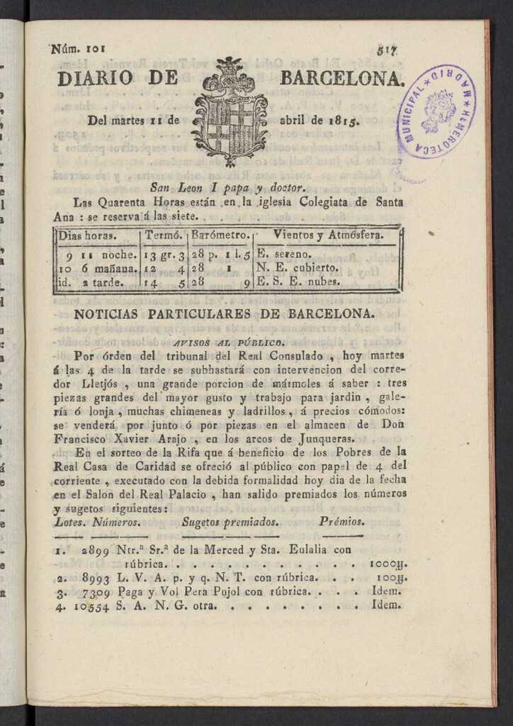 Miniatura de Diario de Barcelona del 11 de abril de 1815, nº 101