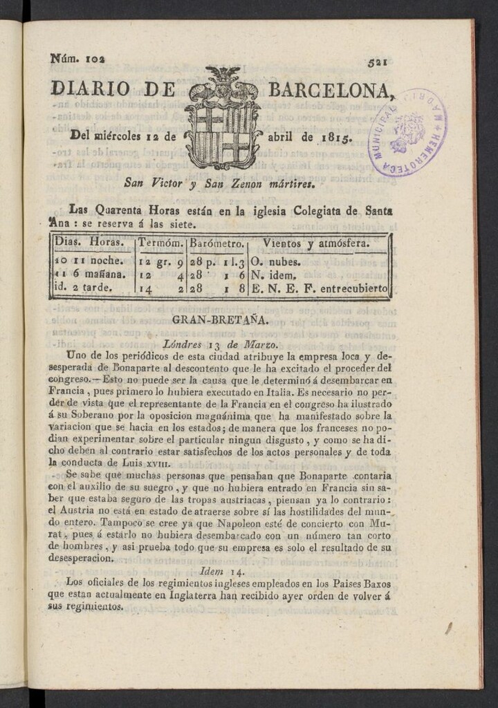 Miniatura de Diario de Barcelona del 12 de abril de 1815, nº 102