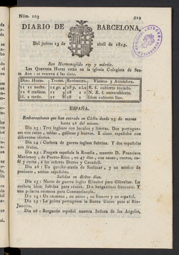 Miniatura de Diario de Barcelona del 13 de abril de 1815, nº 103