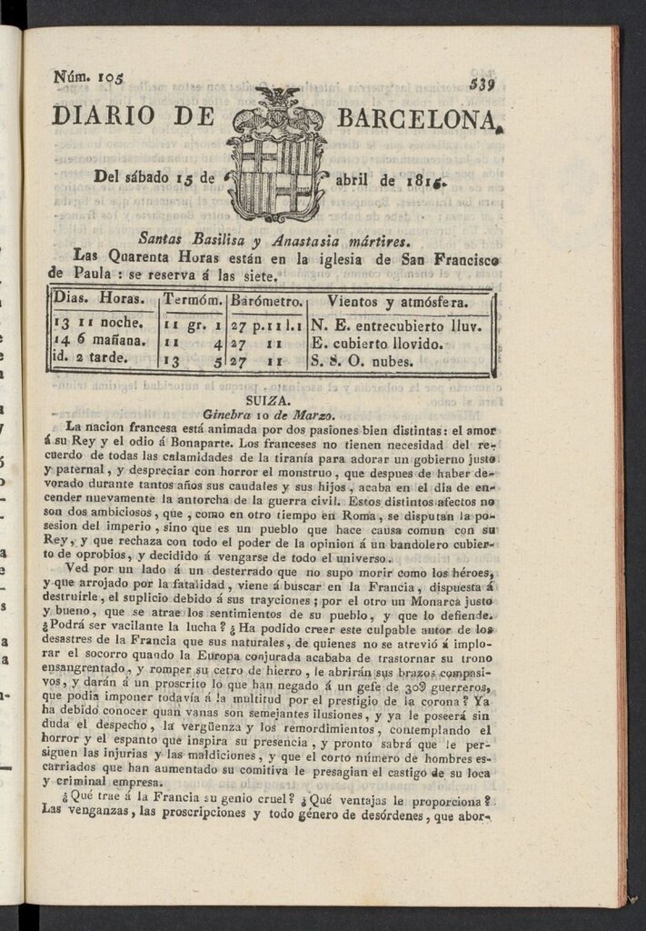 Miniatura de Diario de Barcelona del 15 de abril de 1815, nº 105