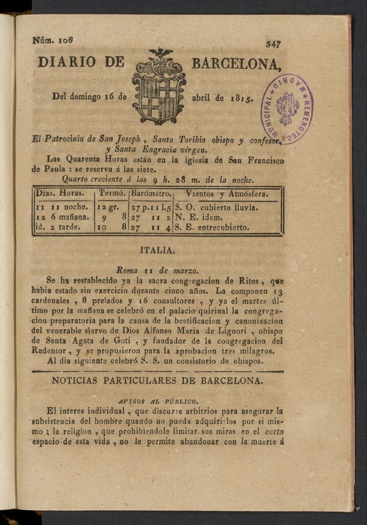 Miniatura de Diario de Barcelona del 16 de abril de 1815, nº 106