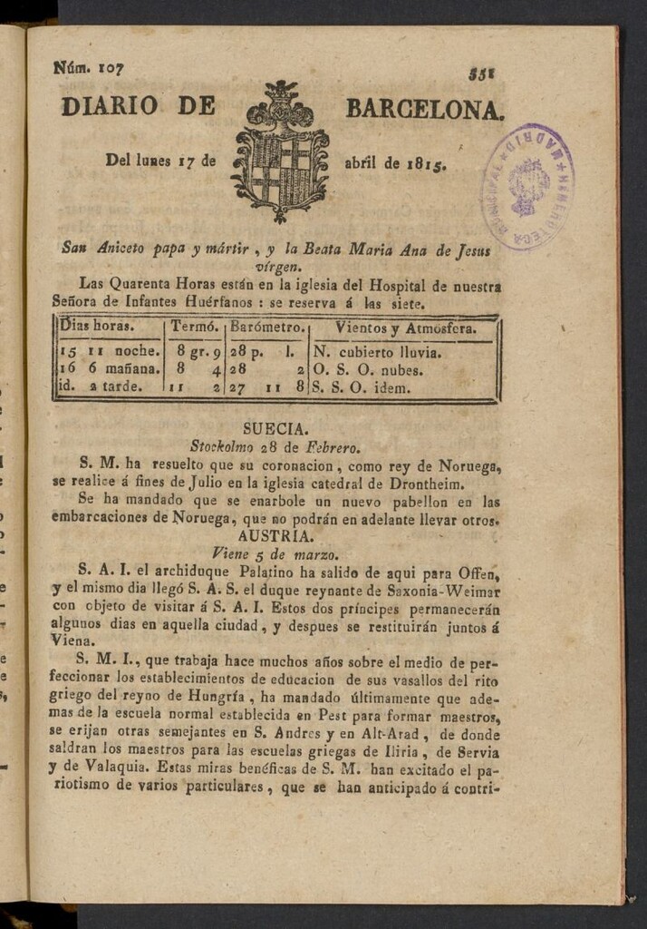 Miniatura de Diario de Barcelona del 17 de abril de 1815, nº 107