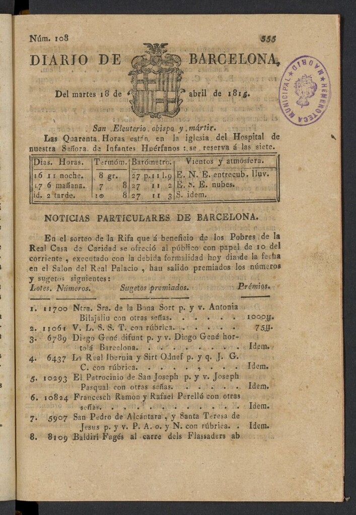 Miniatura de Diario de Barcelona del 18 de abril de 1815, nº 108