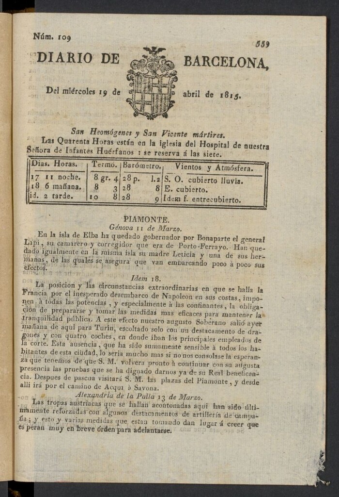 Miniatura de Diario de Barcelona del 19 de abril de 1815, nº 109