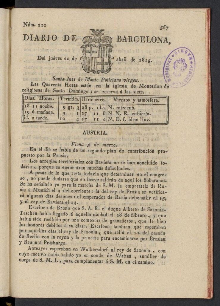 Miniatura de Diario de Barcelona del 20 de abril de 1815, nº 110