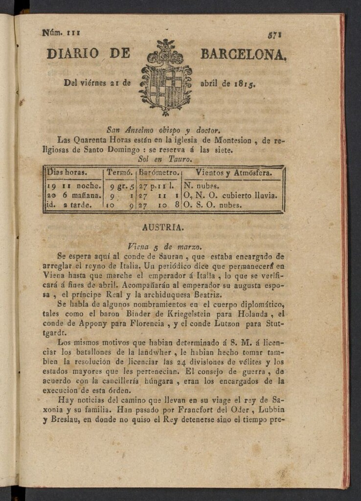 Miniatura de Diario de Barcelona del 21 de abril de 1815, nº 111