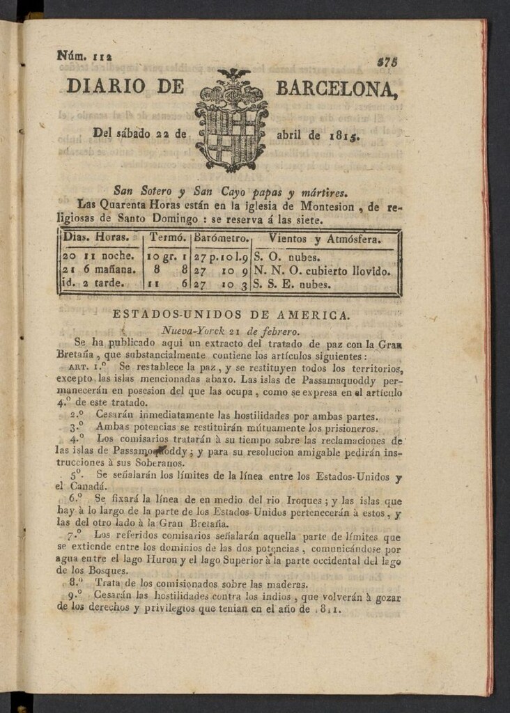 Miniatura de Diario de Barcelona del 22 de abril de 1815, nº 112