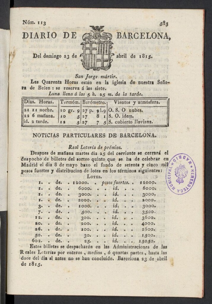 Miniatura de Diario de Barcelona del 23 de abril de 1815, nº 113