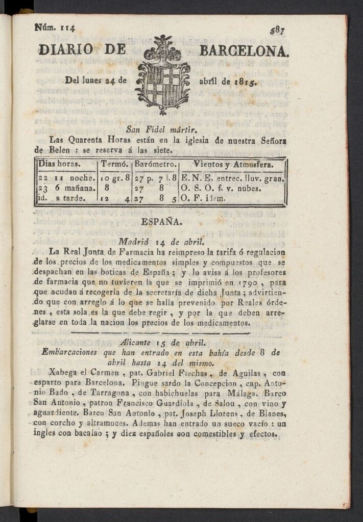 Miniatura de Diario de Barcelona del 24 de abril de 1815, nº 114