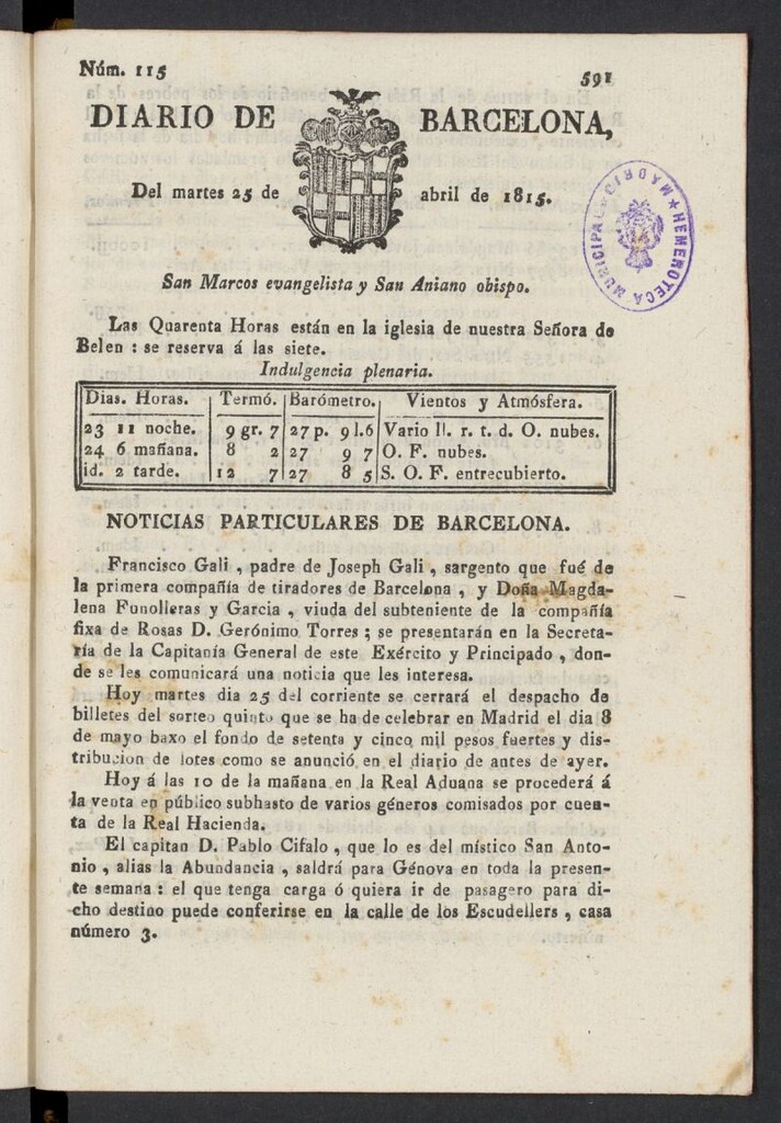 Miniatura de Diario de Barcelona del 25 de abril de 1815, nº 115