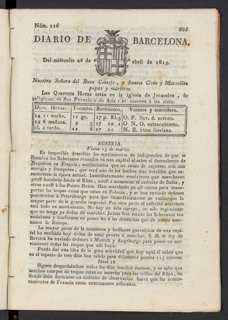 Miniatura de Diario de Barcelona del 26 de abril de 1815, nº 116