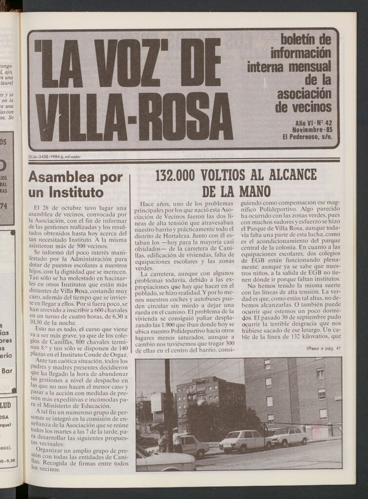Miniatura de La Voz de Villa-Rosa: boletín informativo mensual de la asociación de vecinos, nº 42 de noviembre de 1985