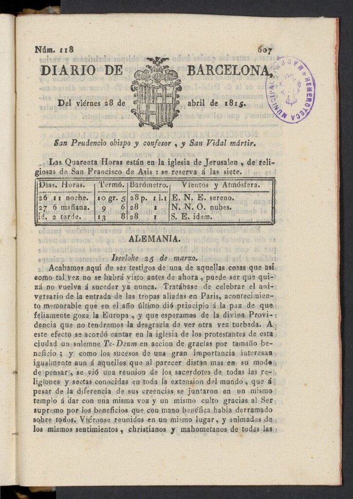 Miniatura de Diario de Barcelona del 28 de abril de 1815, nº 118