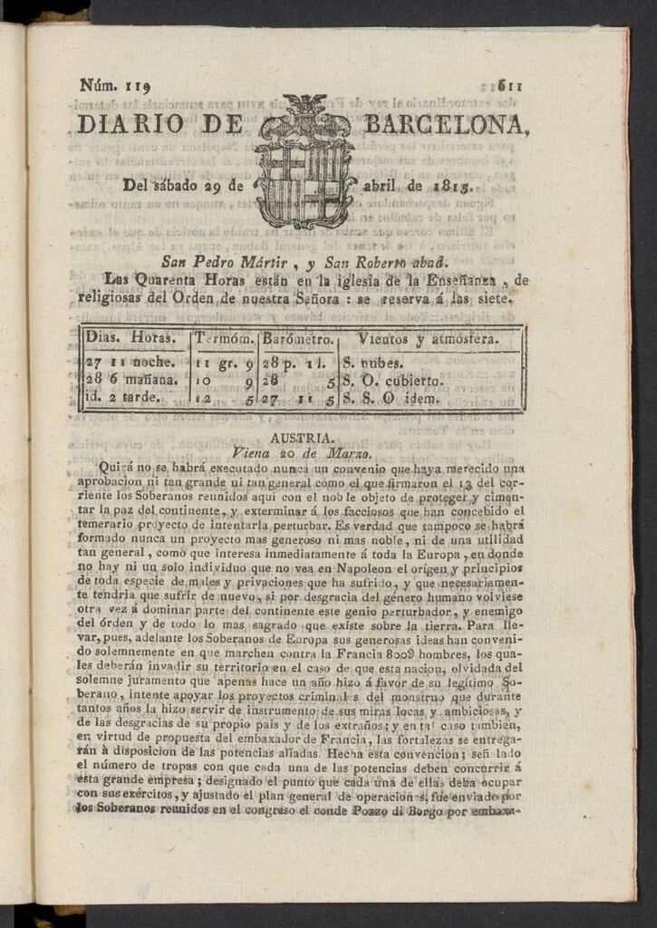 Miniatura de Diario de Barcelona del 29 de abril de 1815, nº 119