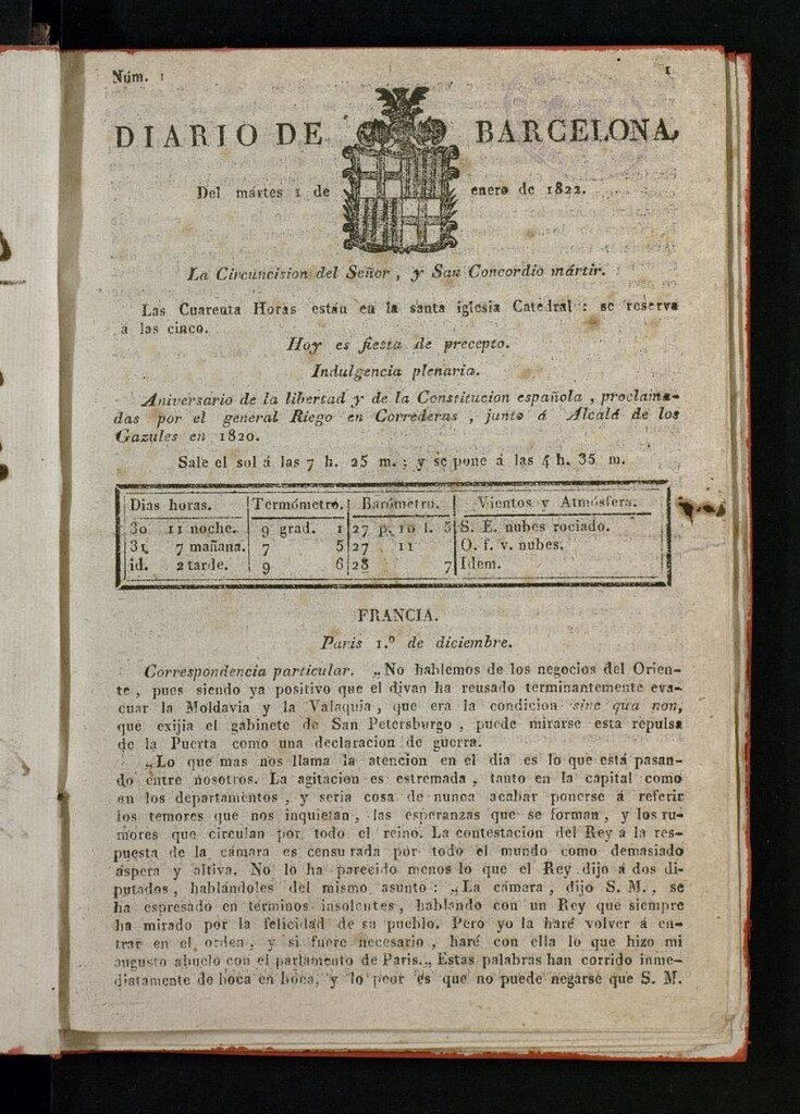 Miniatura de Diario de Barcelona del 1 de enero de 1822