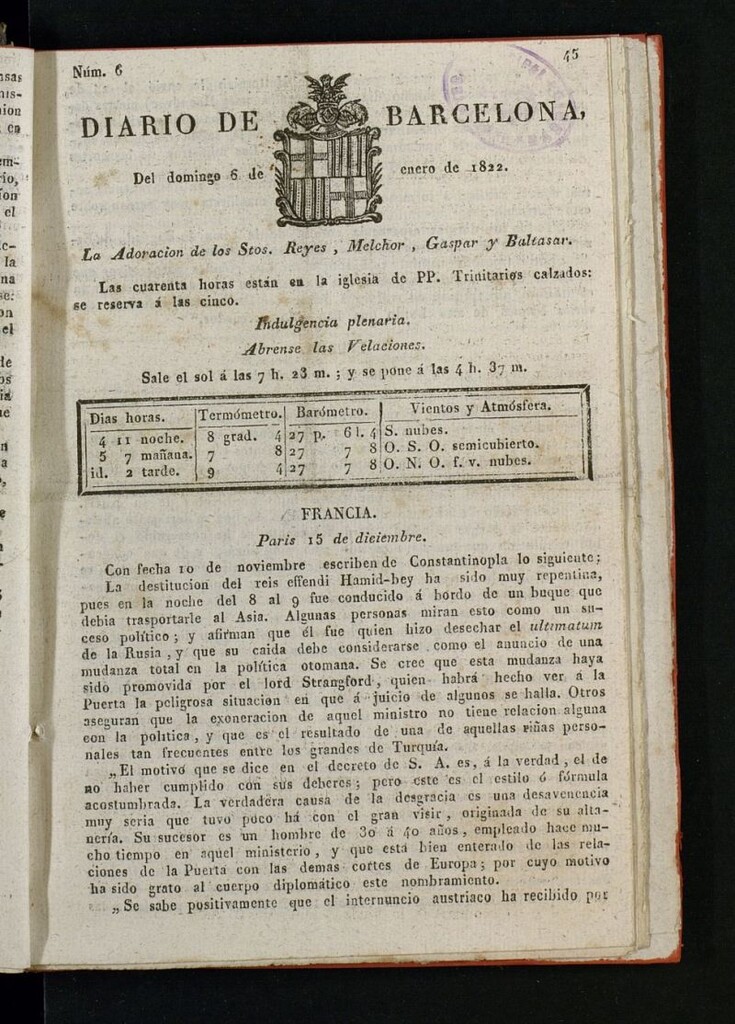 Miniatura de Diario de Barcelona del 6 de enero de 1822