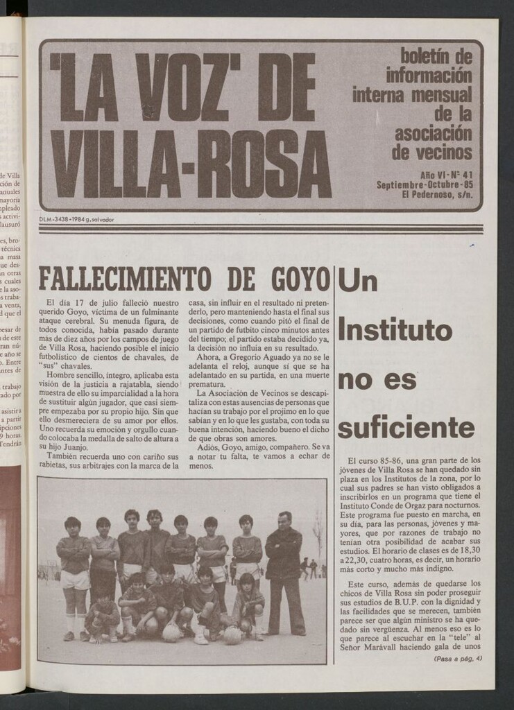 Miniatura de La Voz de Villa-Rosa: boletín informativo mensual de la asociación de vecinos, nº 41 de septiembre-octubre de 1985
