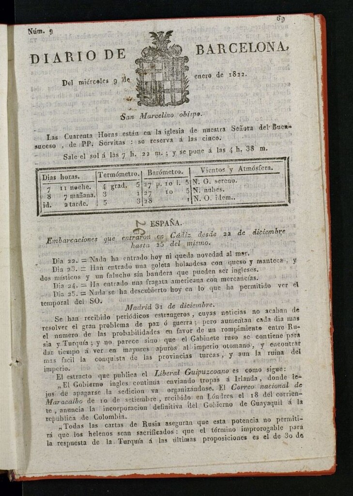 Miniatura de Diario de Barcelona del 9 de enero de 1822