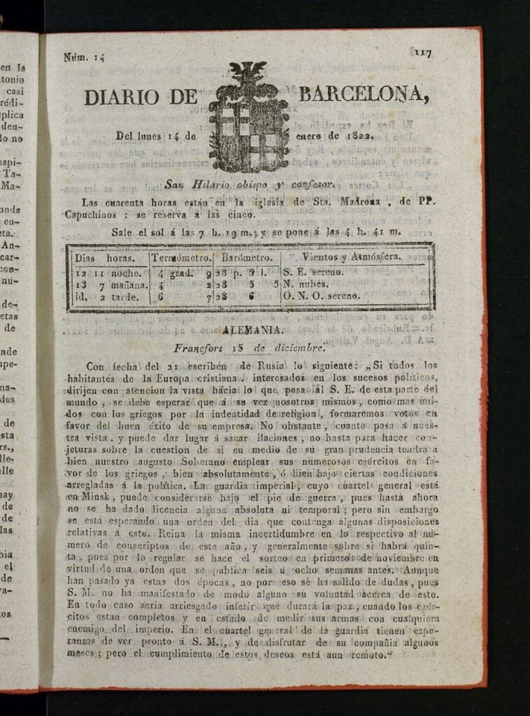 Miniatura de Diario de Barcelona del 14 de enero de 1822