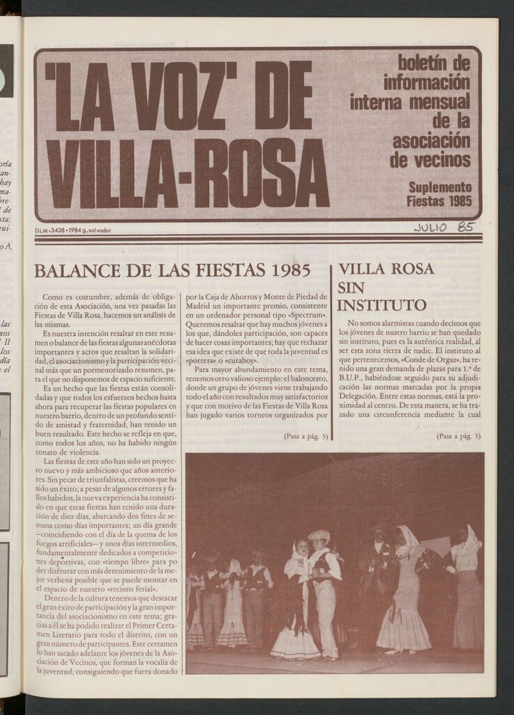 Miniatura de La Voz de Villa-Rosa: boletín informativo mensual de la asociación de vecinos de 1985. Suplemento fiestas