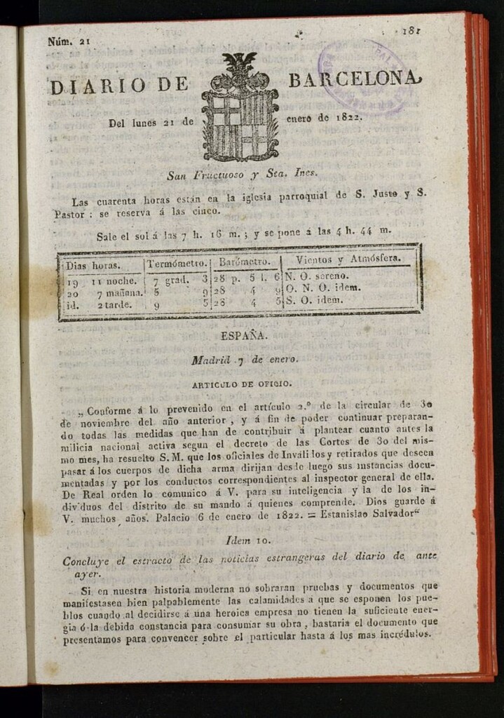 Miniatura de Diario de Barcelona del 21 de enero de 1822
